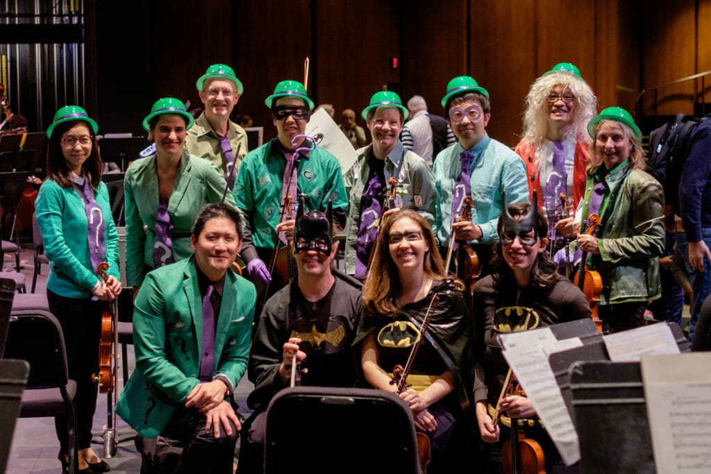 Redwood Symphony Halloween concert, 1st violins group photo with costumes